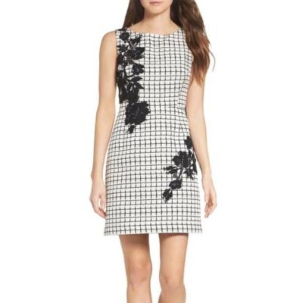 Betsey Johnson Ottoman Sheath Dress Checker Pattern with Floral Applique